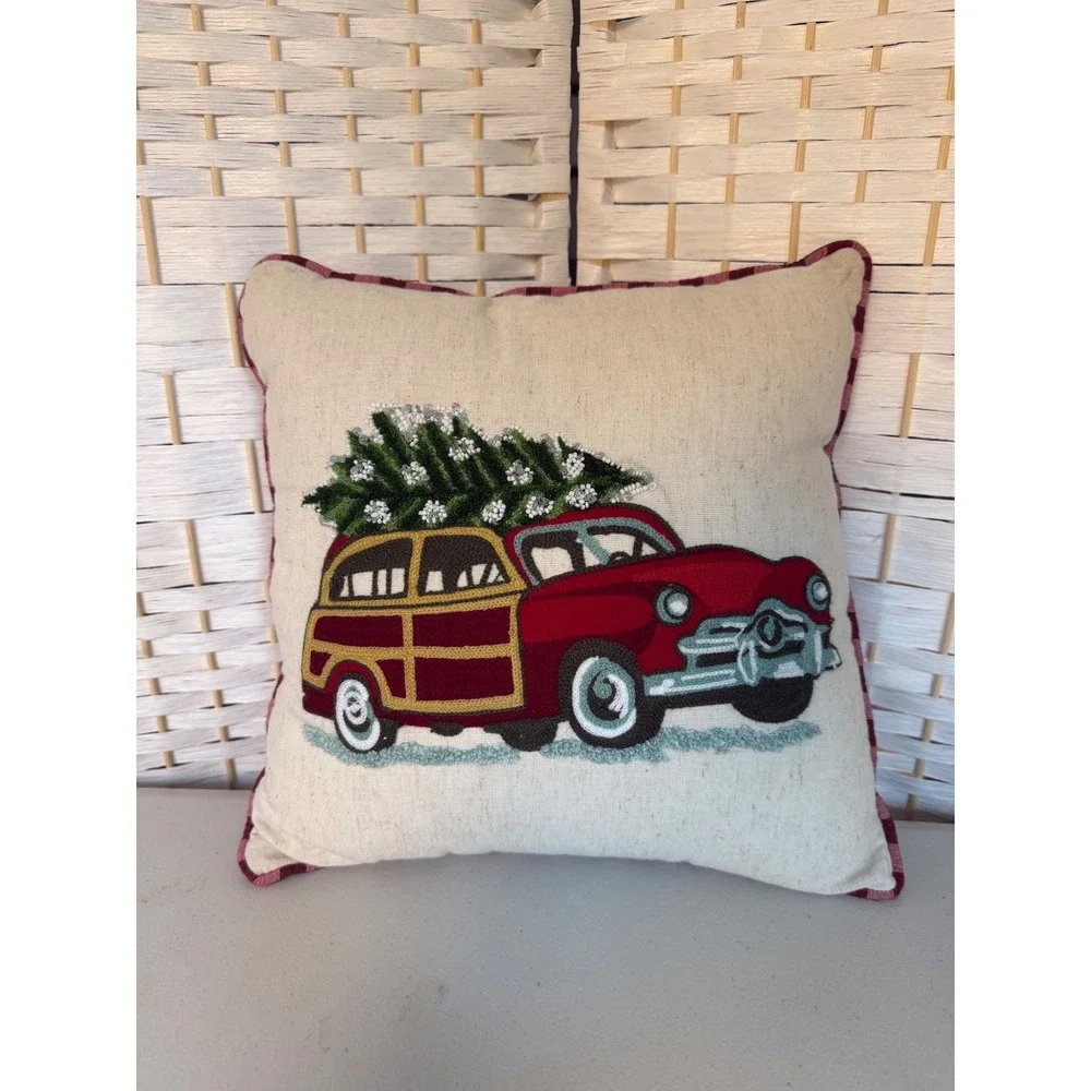 Embroidered Christmas Tree‎ Wagon Car Throw Pillow Red Plaid Back Holiday Decor